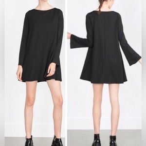Zara Knit Womens Dress Small Solid Black Bell Sleeves Boatneck Office Party